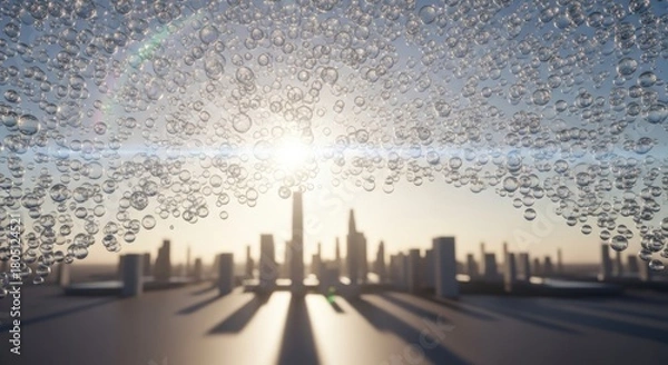 Fototapeta Abstract Bubbles Descend Over Futuristic Cityscape Under Golden Sunlight