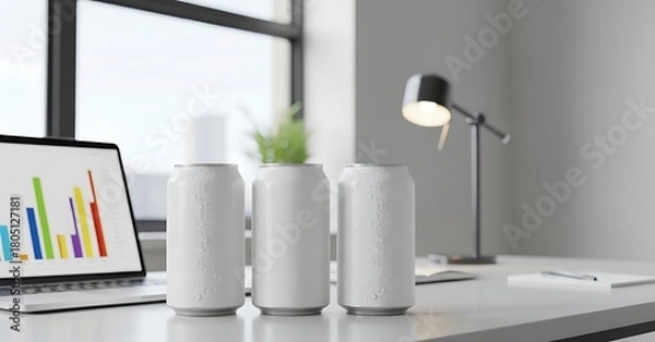 Fototapeta Refreshing Energy Boost: Mockup Soda Cans for Product Branding and Marketing Campaign in a Modern Office Setting. Perfect for Advertisement and Presentation.