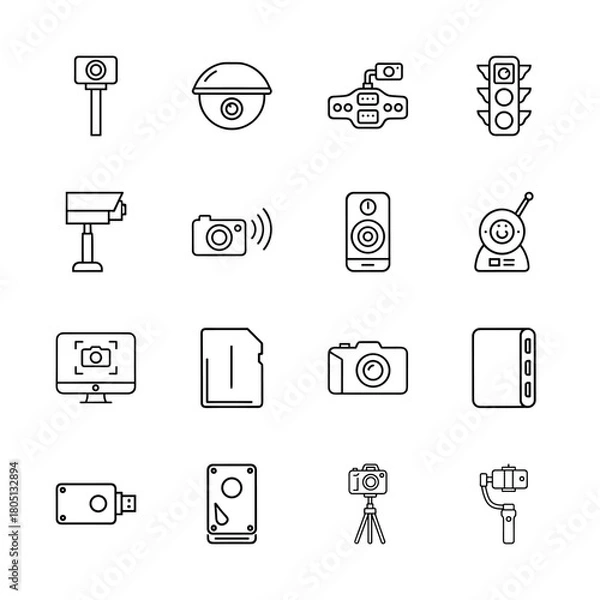Fototapeta Digital devices line icon set. Vector pictograms of security camera, dashcam, digital camera, memory card, USB drive, baby monitor, and camera gimbal, thin linear illustration.