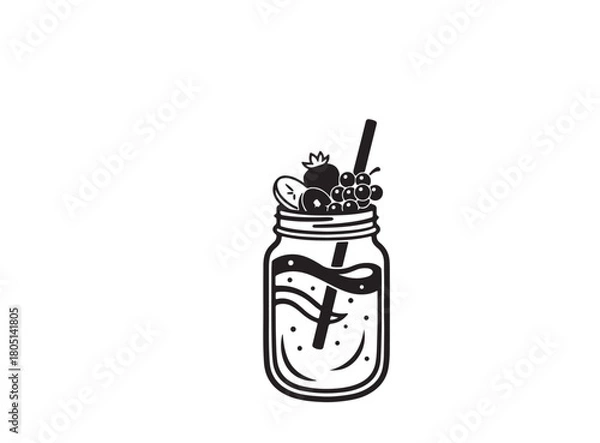 Obraz Black and White Mason Jar Smoothie Illustration with Fruit Garnish and Straw