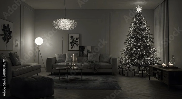 Fototapeta Modern living room with christmas tree and sofa