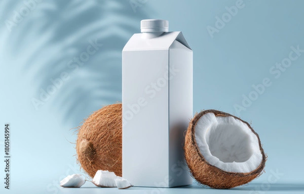 Fototapeta Coconut milk carton mock up with fresh coconuts and coconut pieces on a soft blue background, showcasing tropical ingredients and healthy lifestyle concept