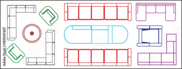 Fototapeta A technical vector illustration showcasing a variety of architectural floor plan symbols for sofas, sectional couches, chaises, and armchairs in different colorful outlines (red, blue, green) etc.