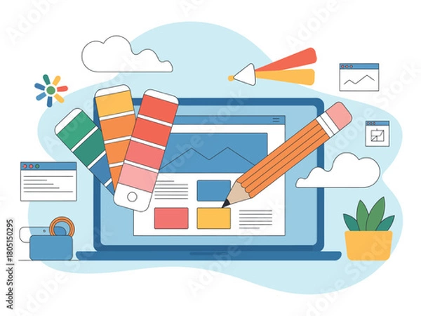 Fototapeta Illustration of a laptop with design elements and a large pencil tool