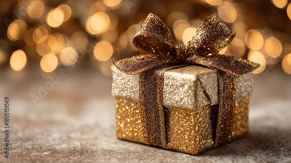 Fototapeta Glittering golden gift box with a bow, perfect for special occasions and celebrations