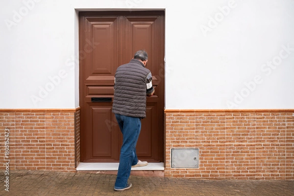 Fototapeta An older man in casual clothes unlocks a brown wooden door on a quiet residential street, captured from behind in a natural everyday moment.
