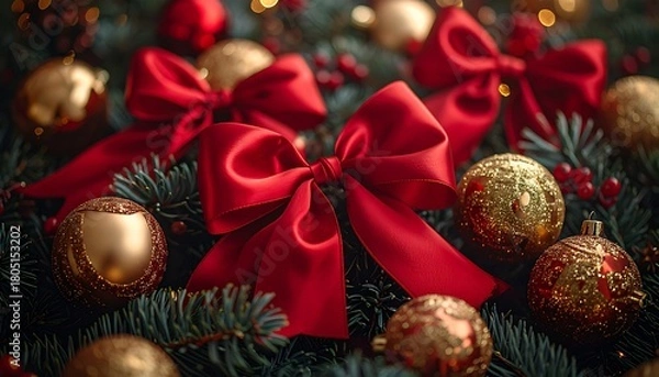 Fototapeta Red Satin Bows and Metallic Gold Baubles with Pine Branches in Soft Winter Glow