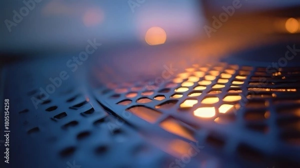 Fototapeta Abstract close-up of a perforated metal surface illuminated by warm golden light, creating a captivating visual experience.