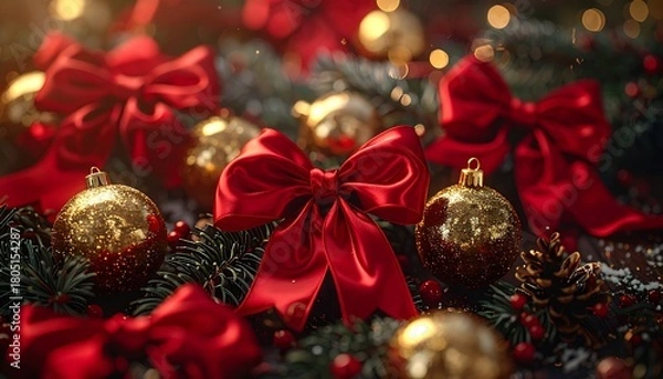 Fototapeta Red Satin Bows and Metallic Gold Baubles with Pine Branches in Soft Winter Glow
