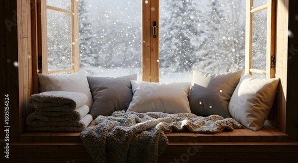 Fototapeta Window seat with pillows and blanket during snowfall