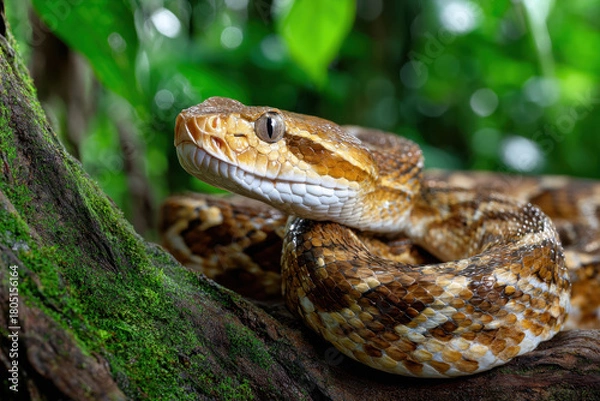 Fototapeta Closeup of Ferdelance Pit Viper on Mossy Branch