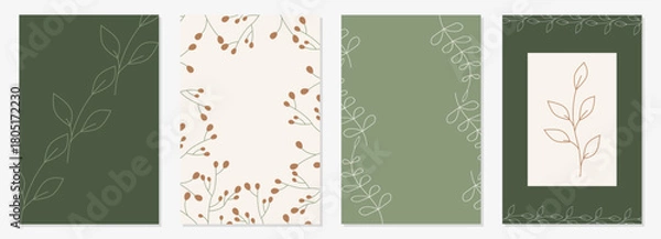 Fototapeta Minimal Botanical Line Art Background Set in Green and Beige