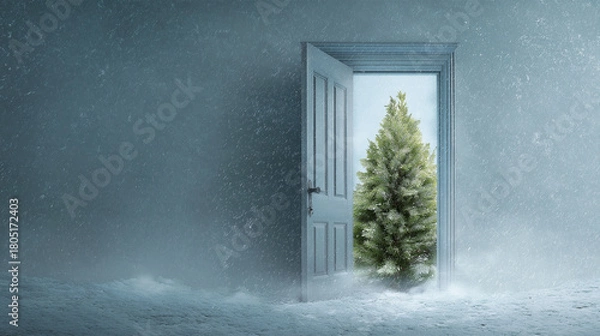 Fototapeta Christmas New Year Winter Scene with Pine Tree Behind an Open Door