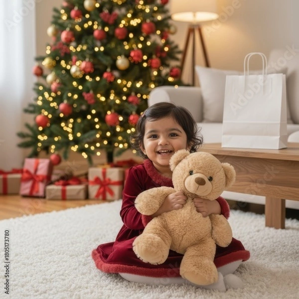 Fototapeta Indian toddler with present by Christmas tree as parents relax on sofa and celebrating multicultural New Year