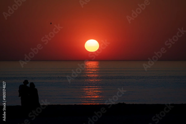 Obraz The silhouette of a couple watching the sunset on the North Holland coast