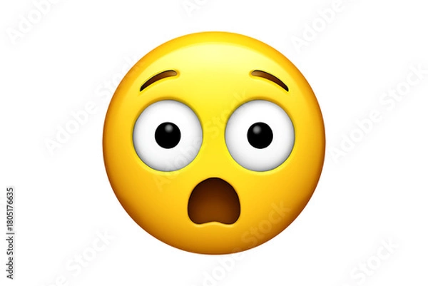 Fototapeta Yellow emoji face with wide eyes and open mouth showing surprise and shock, cutout, PNG isolated on white or transparent background