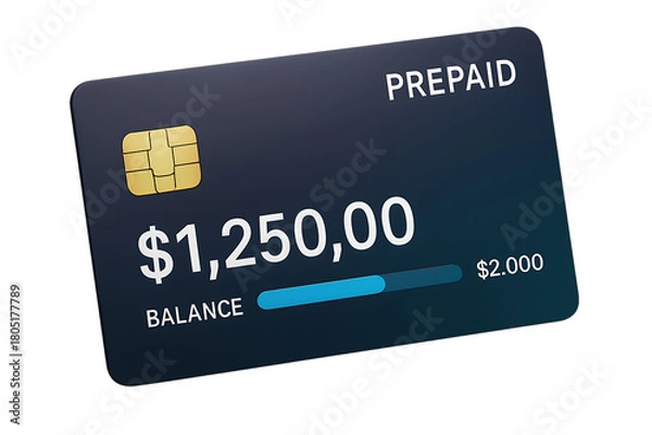 Obraz Dark blue prepaid credit card with gold chip displaying balance and progress bar, cutout, PNG isolated on white or transparent background
