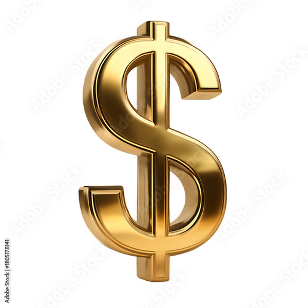 Fototapeta Shiny Golden Dollar Sign Symbol with Subtle Reflections money currency, cutout, PNG isolated on white or transparent background