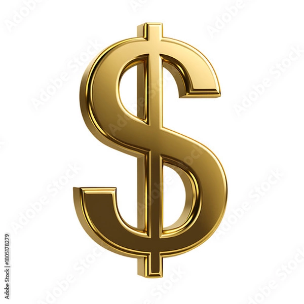 Fototapeta Shiny 3 D Golden Dollar Sign Symbol with Reflective Surface money, cutout, PNG isolated on white or transparent background