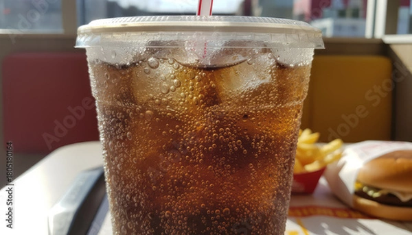 Obraz Refreshing cold soda drink with ice in plastic cup, close up shot with bubbles
