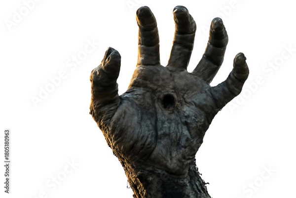 Fototapeta Close up of a gnarled and decaying human hand with a hole in the palm, cutout, PNG isolated on white or transparent background