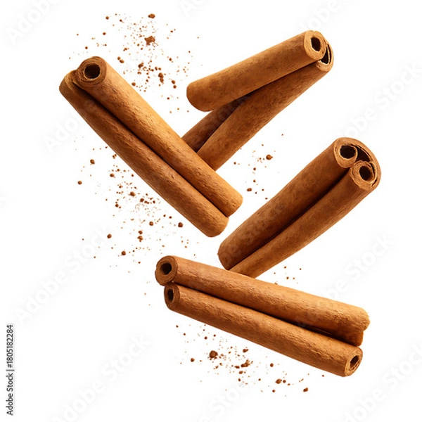 Obraz Several cinnamon sticks and loose cinnamon powder scattered in a dynamic arrangement isolated on a transparent background, cutout, PNG isolated on white or transparent background