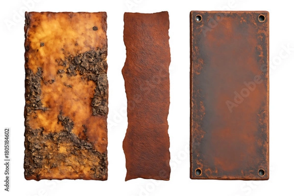 Fototapeta Three textured rectangular panels with rust and rough surfaces isolated on a transparent background metal, cutout, PNG isolated on white or transparent background