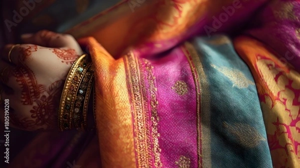 Fototapeta A close-up of a woman's hand adorned with intricate henna and vibrant bangles, showcasing rich, colorful fabric.
