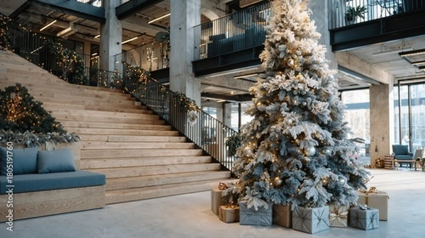 Fototapeta Modern lobby with decorated christmas tree and wrapped gifts in contemporary office