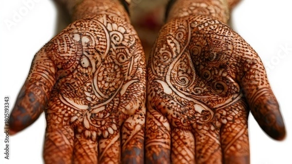 Fototapeta Elegant henna designs on a woman's hands, showcasing intricate patterns and cultural art.