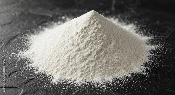 Fototapeta Close up white flour pile on dark gray background. Heap wheat flour or starch on black table. Baking concept. Ingredient for bakery.