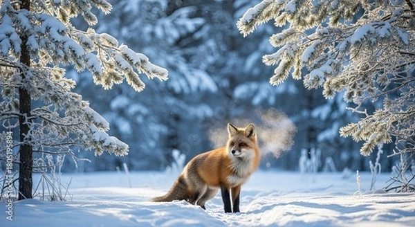 Fototapeta Sunlit Winter Forest Tranquility Red Fox Stands on Snow Covered Ground Steam Emanating From Breath Amidst Snowy Trees Cold Weather Wildlife Scene