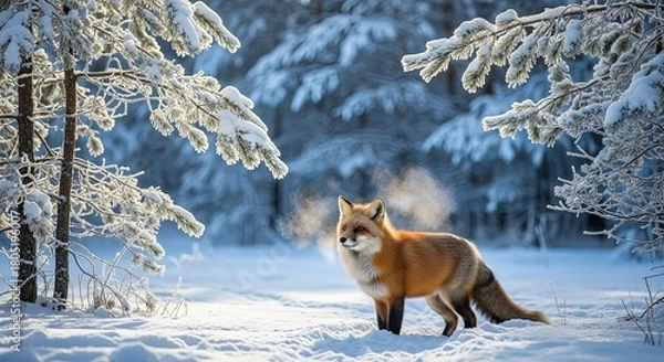 Fototapeta Winter Forest Tranquility Red Fox Stands on Snow Covered Ground Steam Emanating From Breath Amidst Snowy Trees Cold Weather Wildlife Scene