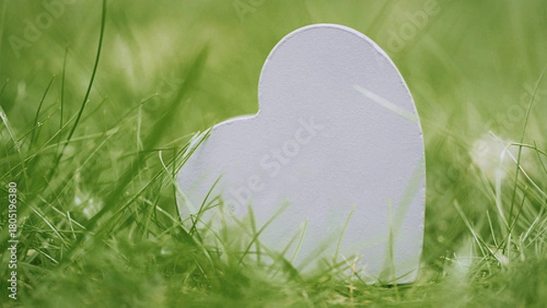 Obraz Heart-shaped decoration set against lush green grass during a sunny day in a serene outdoor setting.
