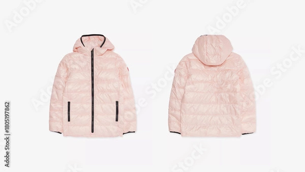 Fototapeta Light pink puffer jacket with hood showing front and back designs, perfect for winter wear in cold weather conditions.