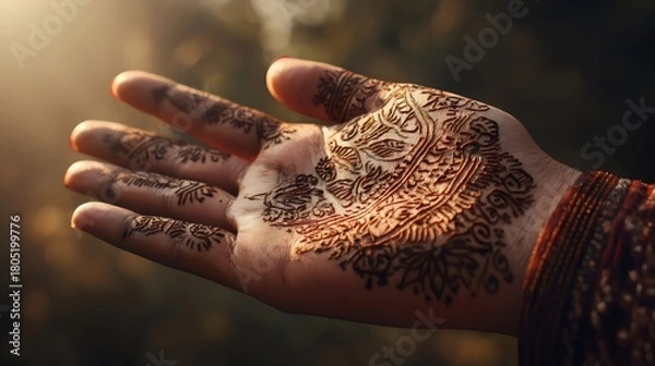 Fototapeta A beautifully designed henna pattern on an open hand, showcasing intricate details and warm sunlight illuminating the design.