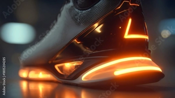 Fototapeta Close-up of a futuristic sneaker featuring glowing accents and a sleek design.