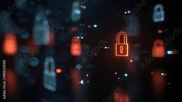 Fototapeta A digital representation of security, featuring illuminated locks against a dark background, symbolizing data protection.