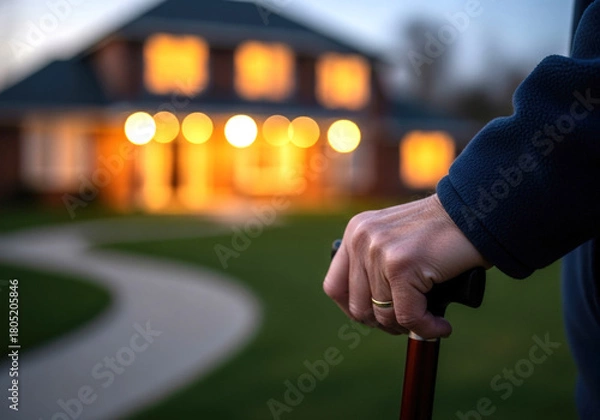 Fototapeta Close-up photograph elderly hand gripping cane suburban house golden lights curved pathway blurred background texture bokeh aging changing populations
