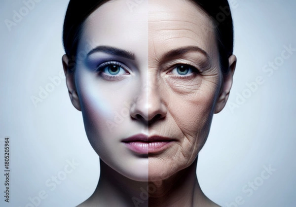 Fototapeta Close-up portrait dual-age woman face youthful left aged right with wrinkles texture cool-toned lighting on smooth pale-gray studio background