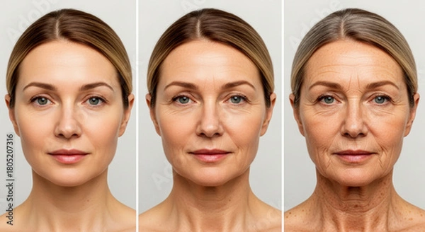 Fototapeta Front-facing portrait series of woman at three ages showing aging progression from youthful to wrinkled skin on neutral white background in clinical lighting