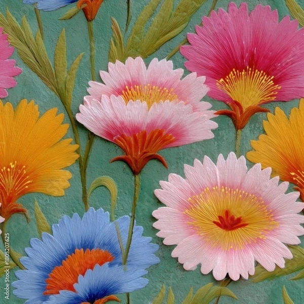 Fototapeta seamless pattern of painted flowers with bright colors and soft details forming vibrant floral pattern in colorful nature scene