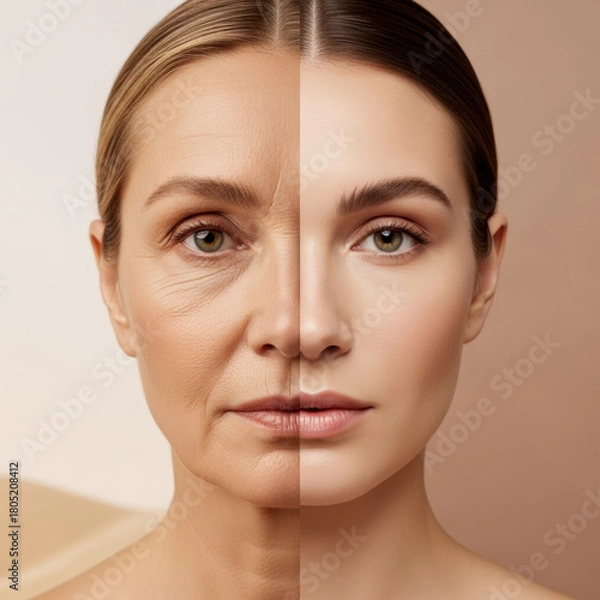 Fototapeta Image side-by-side older younger female faces fine lines smooth skin warm beige tones blurred backdrop sandy cream muted peach transition