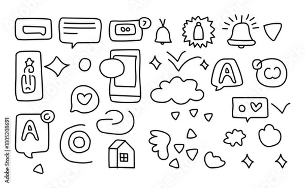 Fototapeta Hand drawn notification and chat doodle icons for communication and alerts