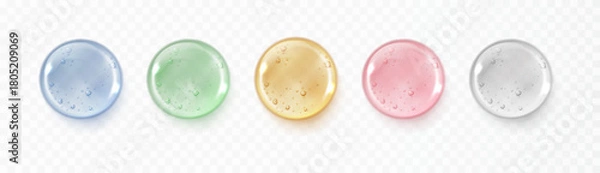 Fototapeta Realistic glycerin gel drops set with bubbles isolated on transparent background. Serum liquid droplet texture for skincare cosmetic design.