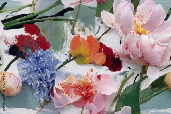 Fototapeta Seamless pattern of painted flowers with soft colors and delicate petals forming abstract floral art in vibrant nature scene