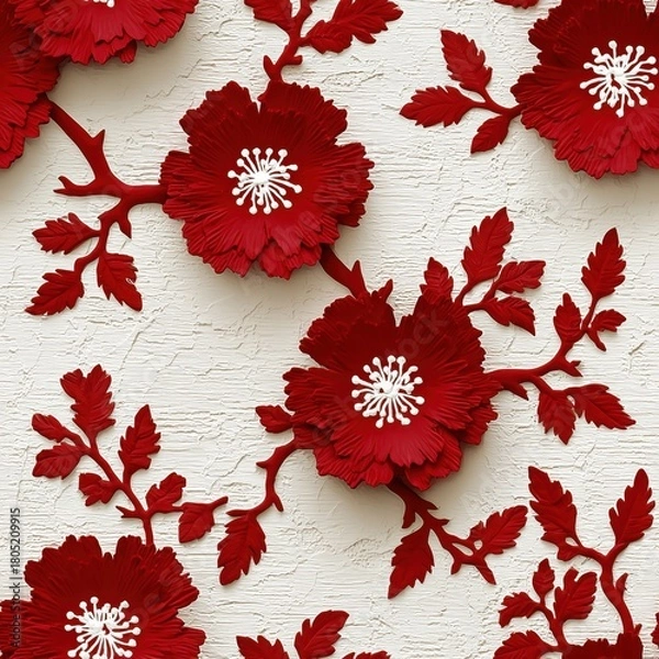 Fototapeta Seamless pattern of red flowers with delicate petals and green leaves forming elegant floral pattern in textured nature scene