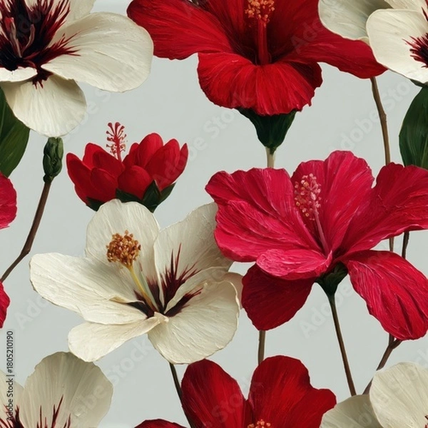 Fototapeta Seamless pattern of painted flowers with red and white petals and green stems creating vibrant floral pattern in natural scene