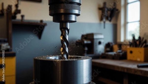 Fototapeta Cordless Power Tools concept. Close-up of a drill bit in a workshop setting, with metal shavings flying.