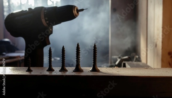 Fototapeta Cordless Power Tools concept. Power drill with screws on a workbench in a smoky workshop.